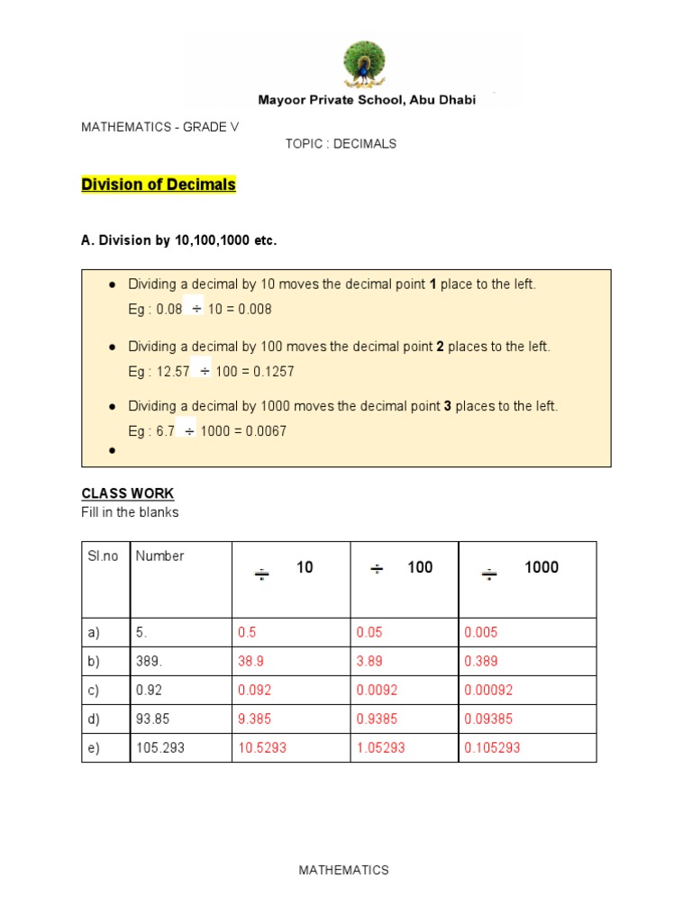 Grade 5 Decimals Worksheet | PDF | Decimal | Encodings