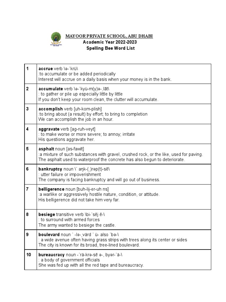 Spelling Bee Word List 2022-2023 | PDF | Adjective
