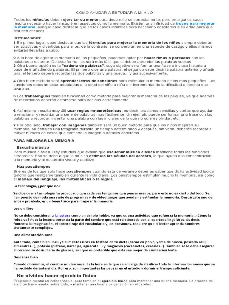 Como Ayudar A Estudiar A Mi Hijo | PDF | Memoria | Psicología cognitiva