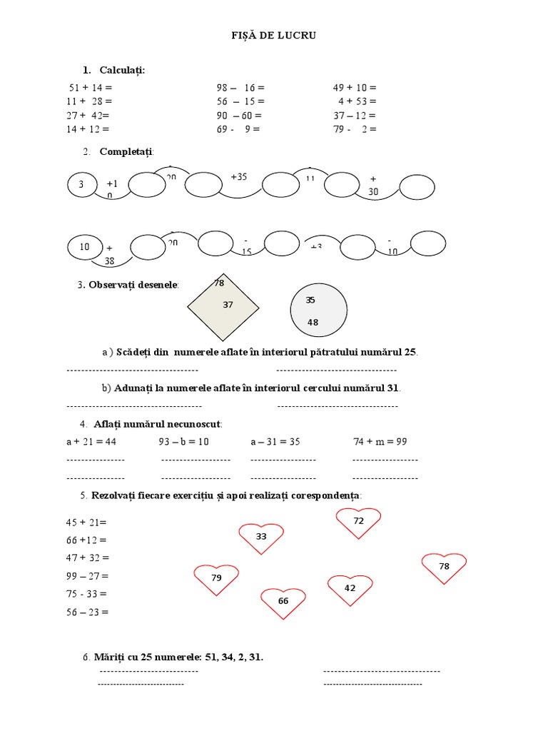 0 Test Matematica Adunari Si Scaderi in Concentrul 0 100 Fara Trecere ...