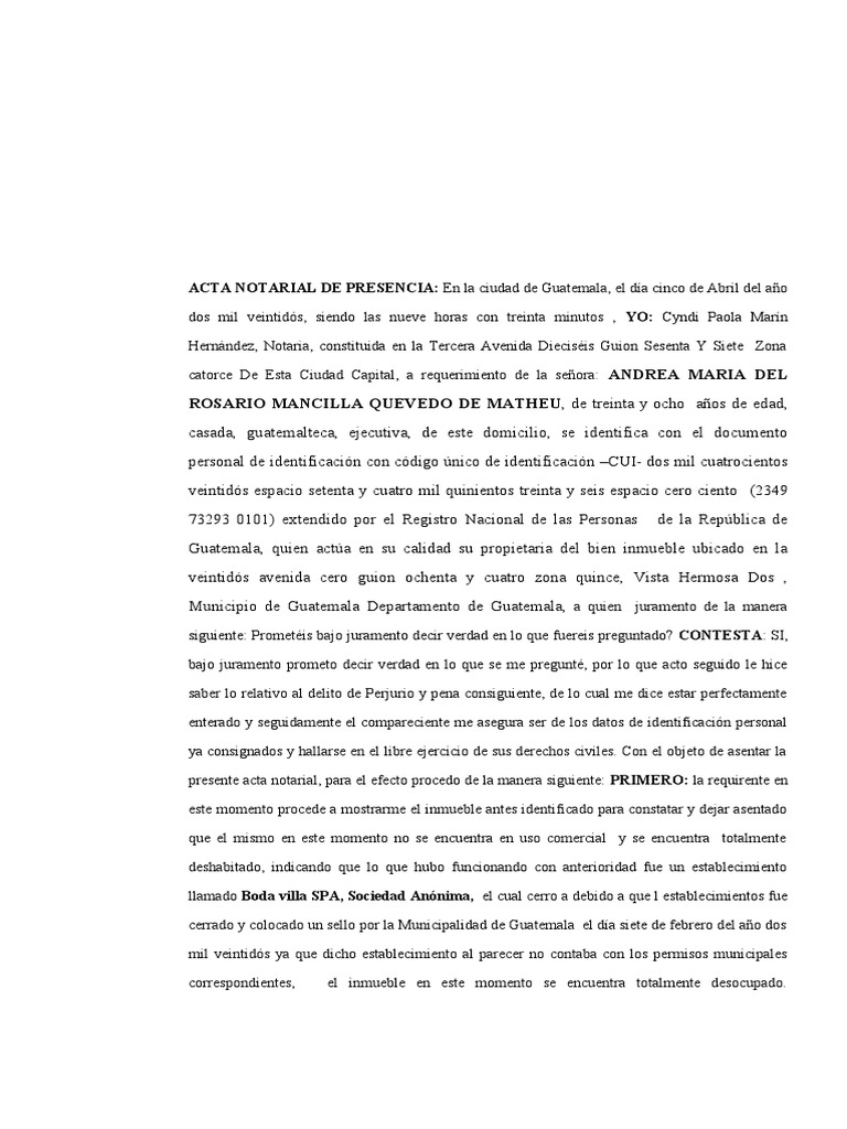 Acta Notarial de Presencia PDF