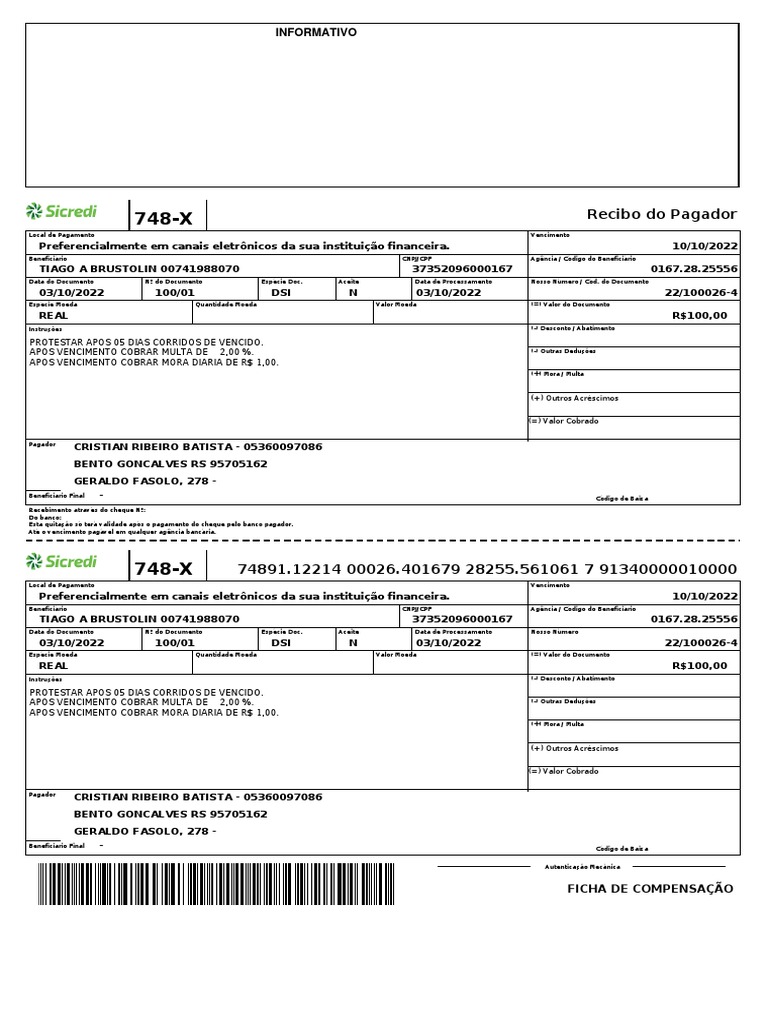 Ficha de Compensação e Instruções de Pagamento | PDF | Cheque (banco ...