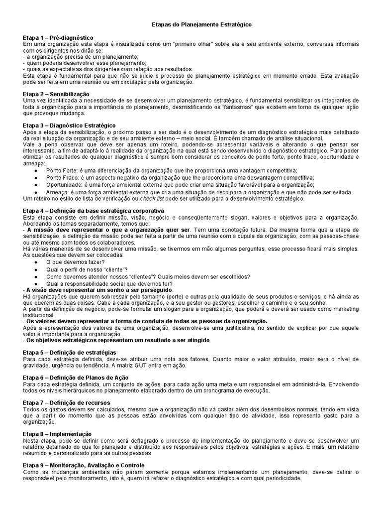 Etapas do Planejamento Estratégico | PDF | Planejamento | Planejamento ...