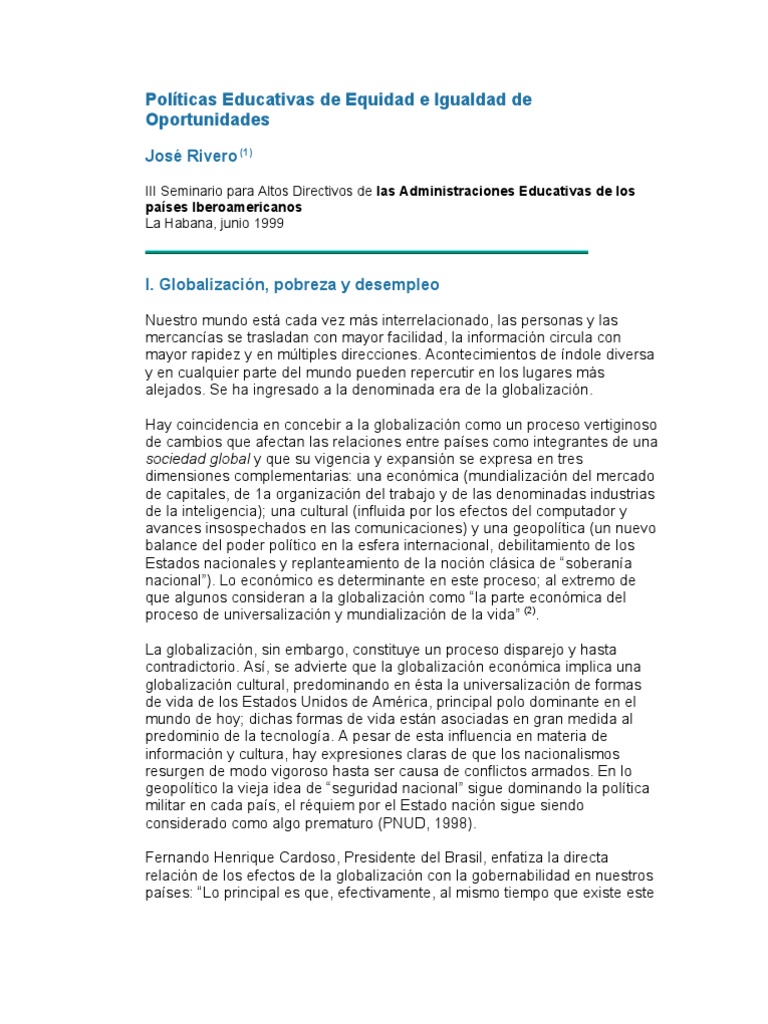 Políticas Educativas de Equidad e Igualdad de Oportunidades | PDF ...