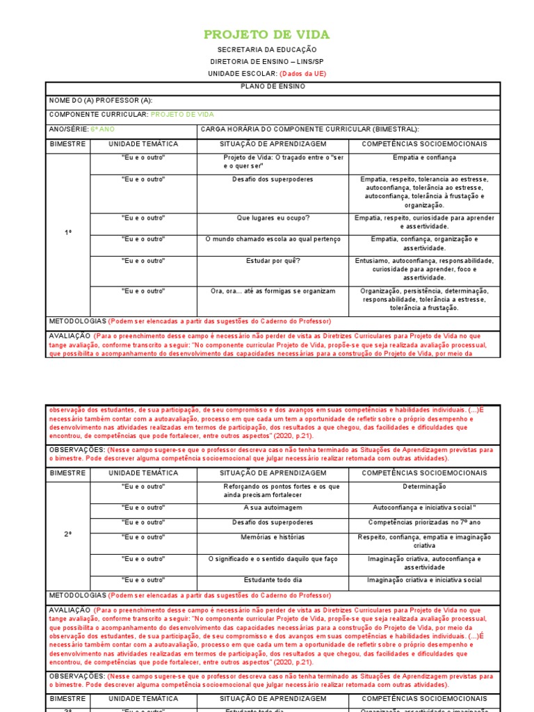 Plano de Ensino Projeto de Vida 2021 6 ANO | PDF | Aprendizado | Vida