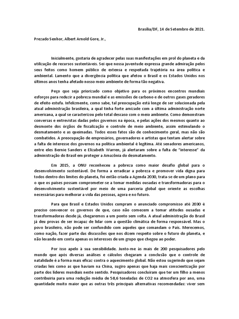 Carta Aberta Sobre Meio Ambiente Ao Senhor Albert Arnold Gore JR | PDF ...