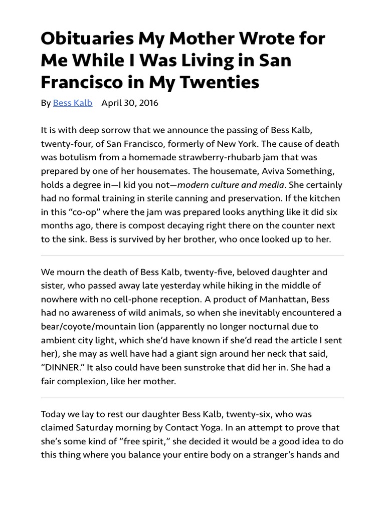 Obituaries My Mother Wrote For Me While I Was Living in San Francisco