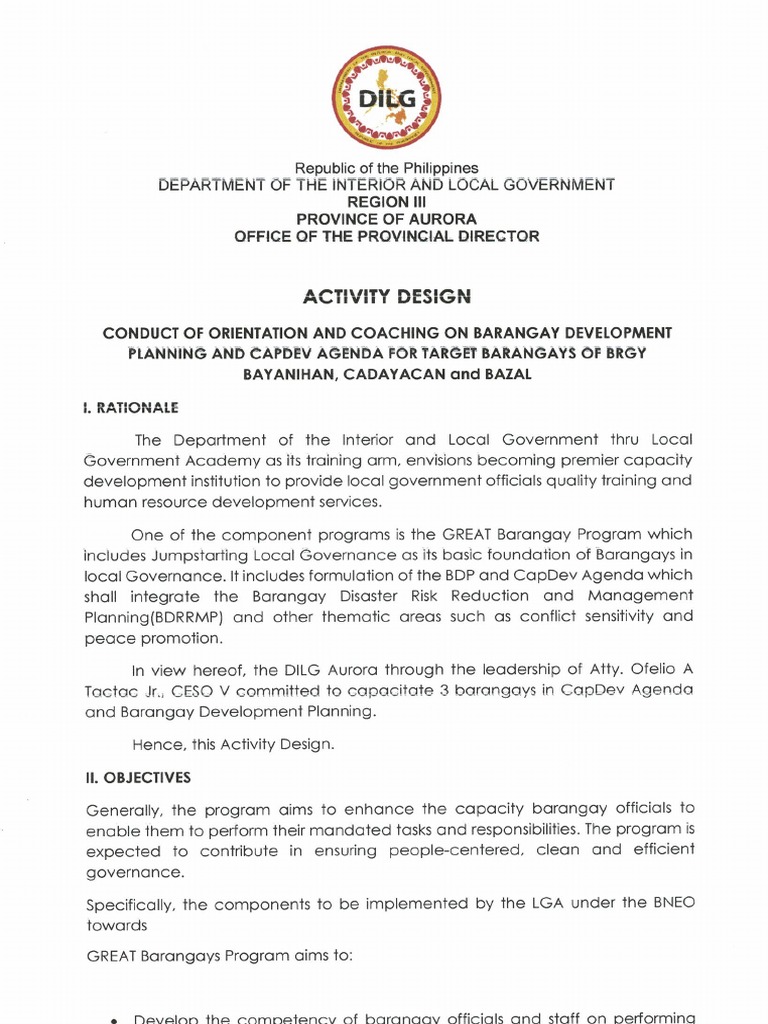 Activity Design Re Conduct of Orientation and Coaching On Barangay