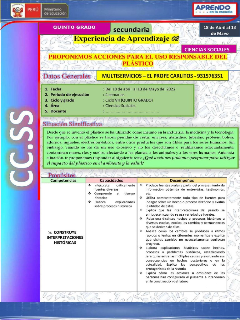 Experiencia de Aprendizaje 02 Quinto Grado Ciencias Sociales 2022