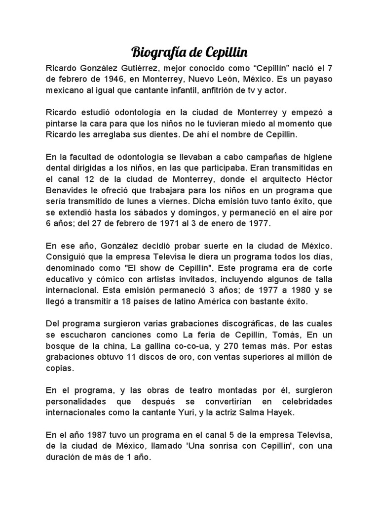 Biografía de Cepillín: Vida y legado | PDF