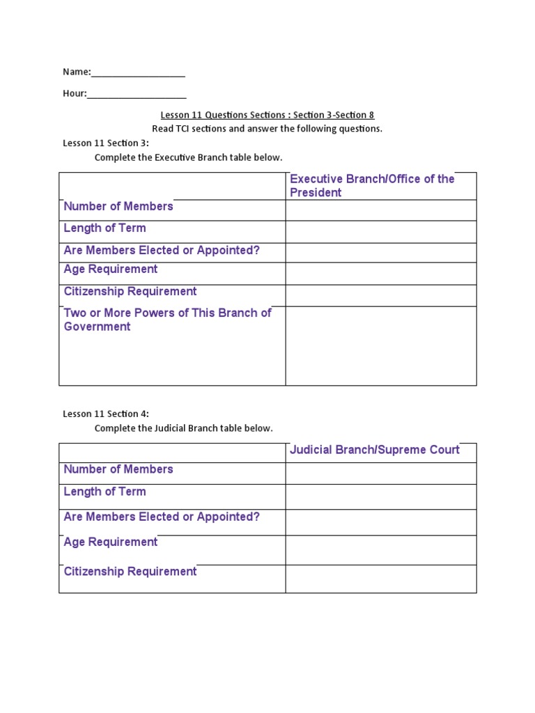 Lesson 11 Sections 3-8 TCI Questions Worksheet | PDF