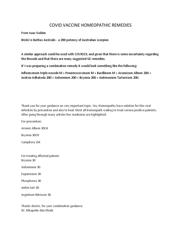 Covid Vaccine Homeopathic Remedy PDF Homeopathy Influenza