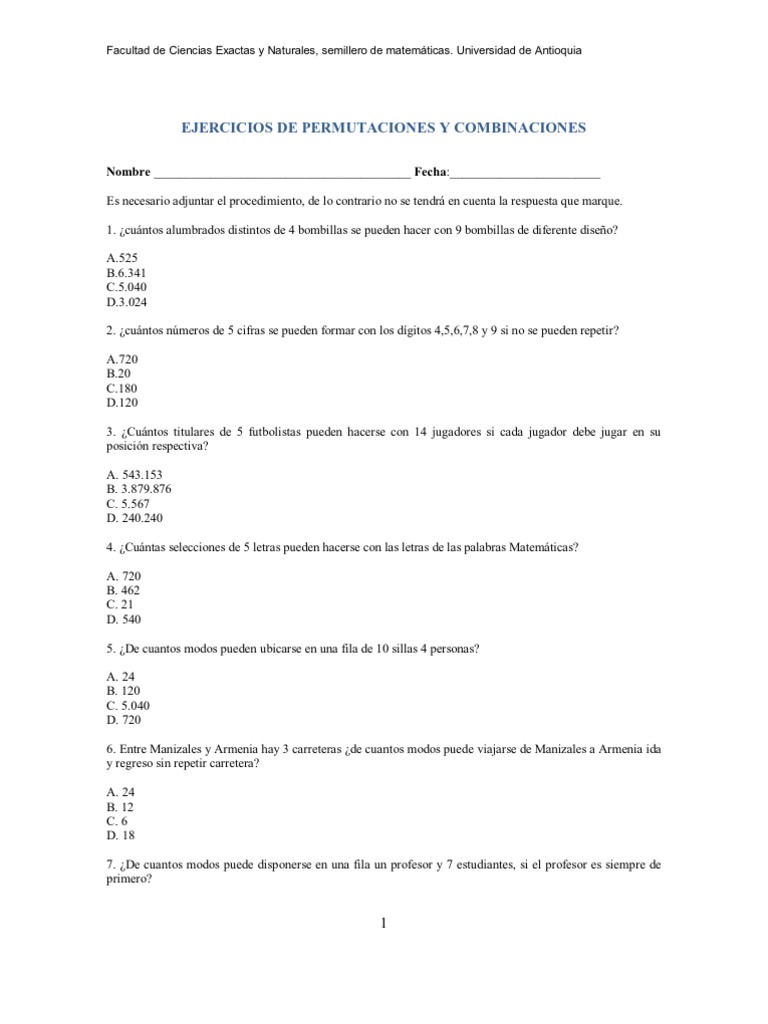 Ejercicios de Permutaciones y Combinaciones | PDF | Enseñanza de matemática