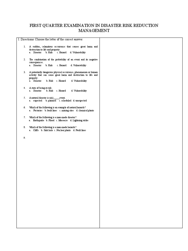 First Quarter Examination in Disaster Risk Reduction Management | PDF ...