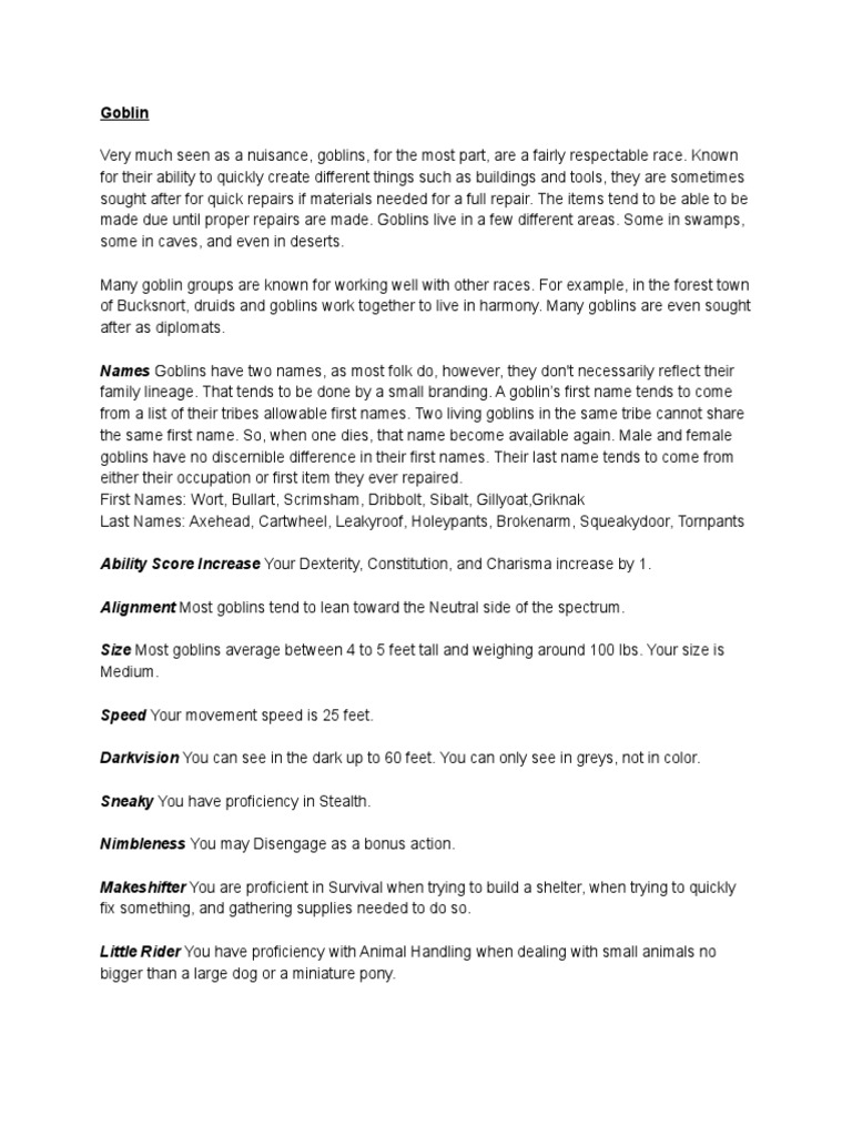 Goblin Race Overview for D&D 5E | PDF