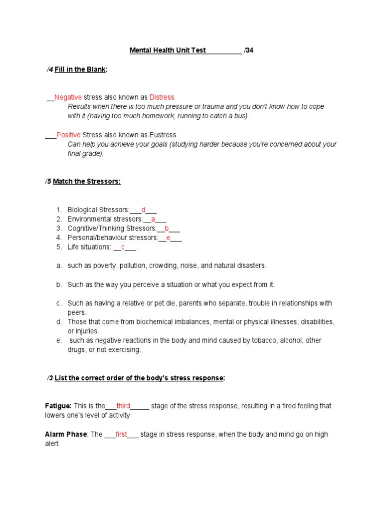 Mental Health Unit Test PDF Stress (Biology) Mental Health