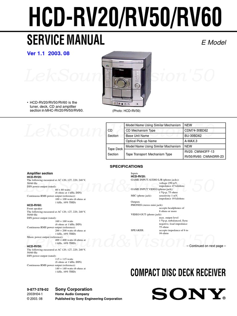 Sony hcd-rv20 rv50 rv60 | PDF | Loudspeaker | Laser