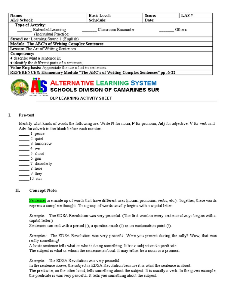 LS 1 The ABC's of Writing Complex Sentences Lesson 1 & 2 | PDF ...