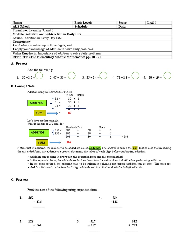 Addition and Subtraction in Daily Life | PDF | Mathematical Notation ...