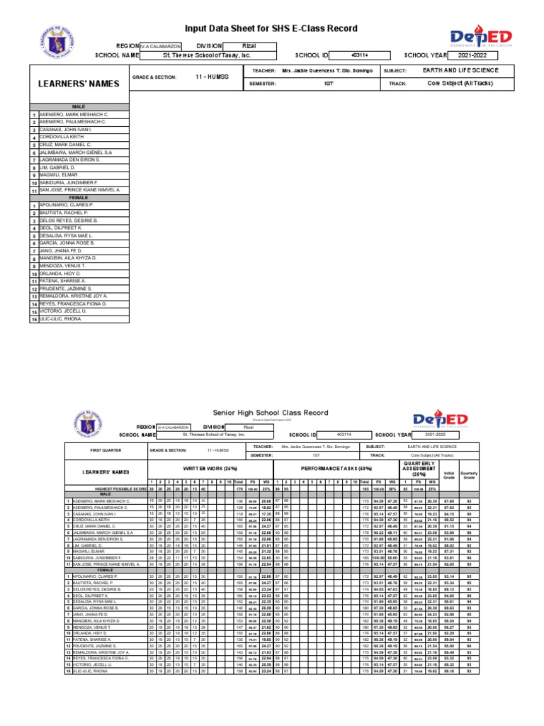SHS E-Class Record: Earth Science 2021-22 | PDF