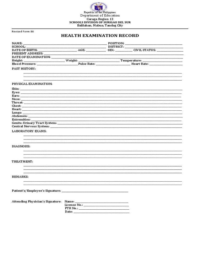 Health Examination Record Form 86 Download Free PDF Physical