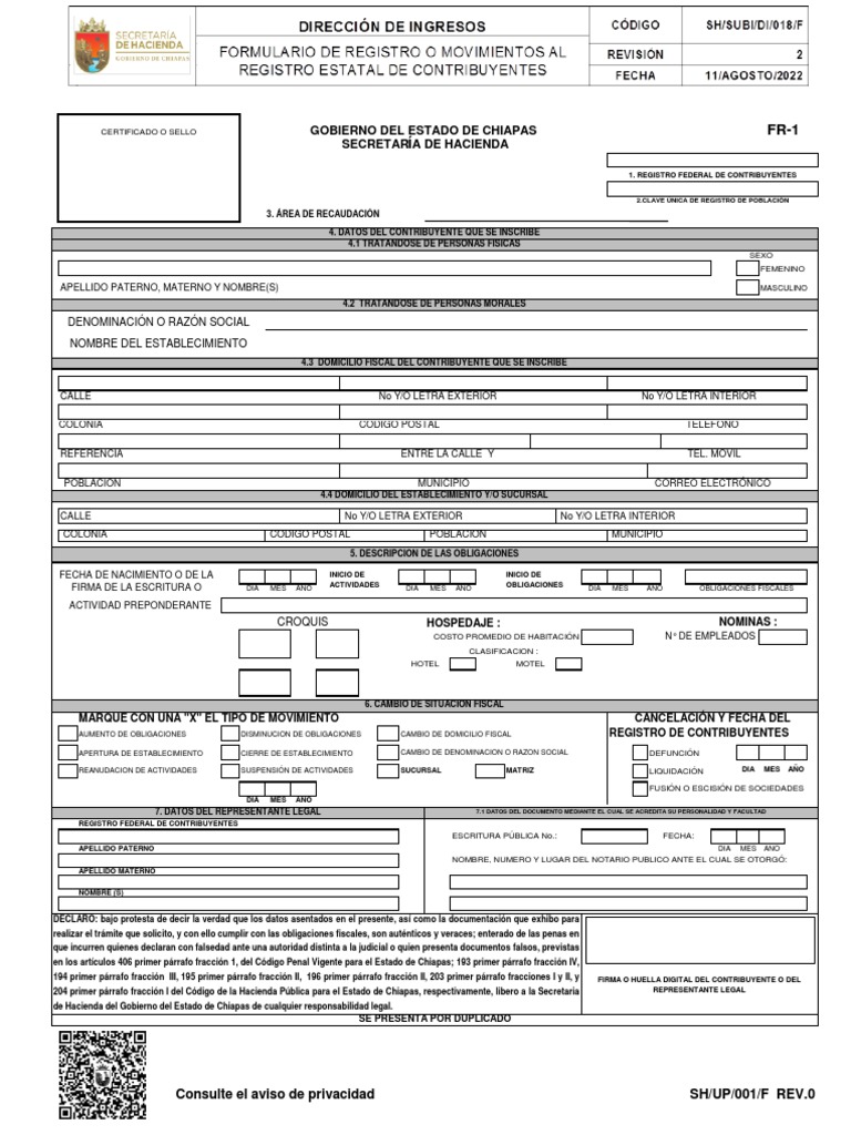 Registro FR-1 para Hacienda Chiapas | PDF