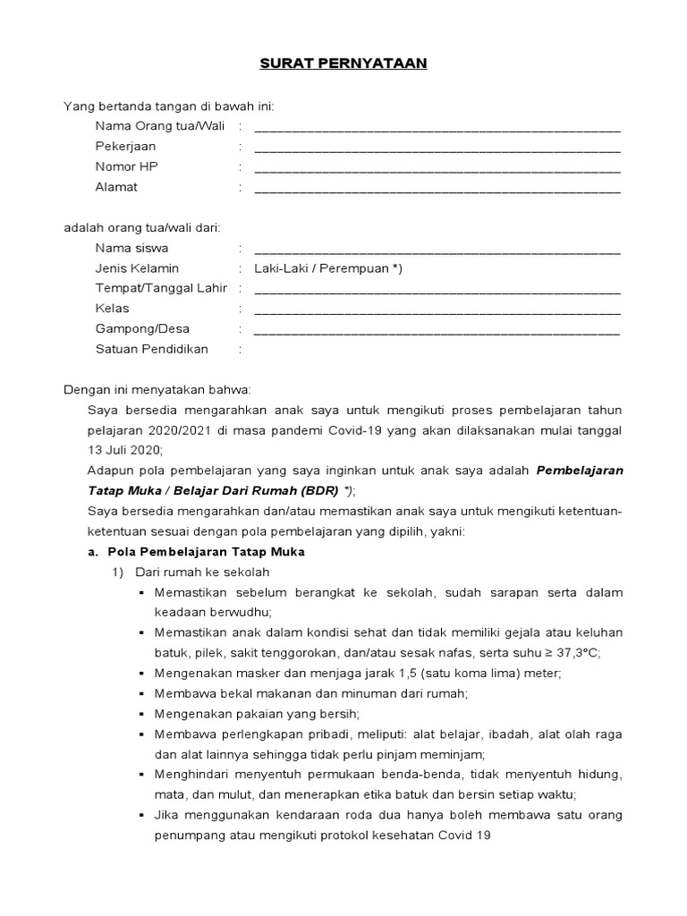 Surat Pernyataan Dari Orang Tua | PDF
