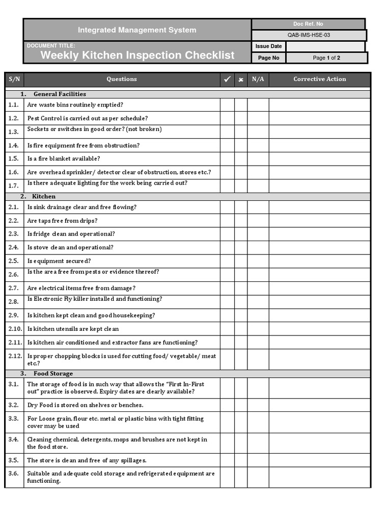 Weekly Kitchen Inspection Checklist PDF Kitchen Home