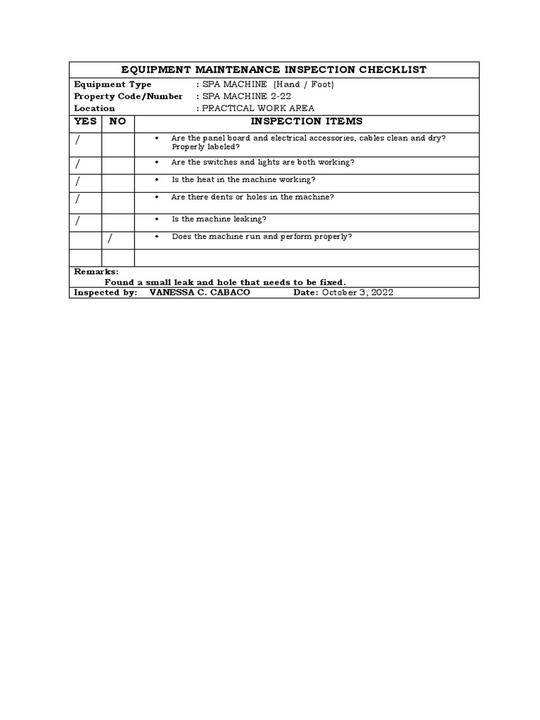 Spa Equipment Maintenance Checklist | PDF