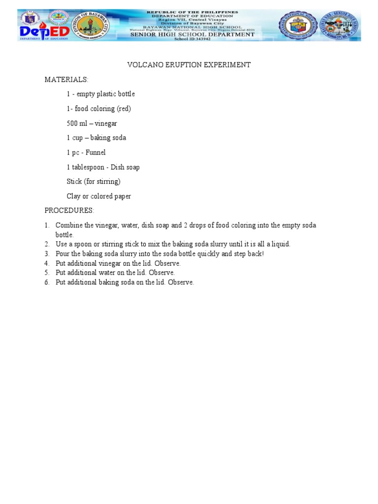 Volcano Eruption Experiment Pdf Sodium Bicarbonate Chemistry