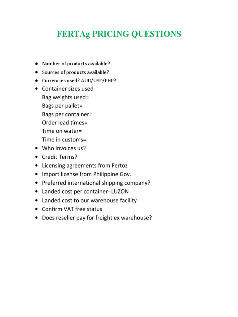 Fertag Pricing Questions | PDF