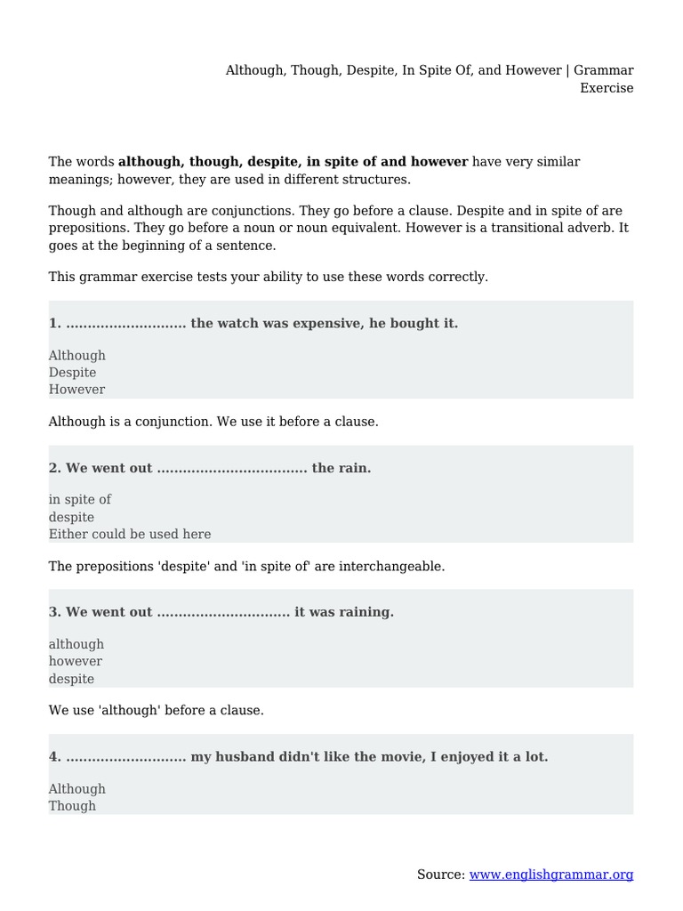 Grammar Exercises: Although vs. Despite | PDF | Adverb | Preposition ...