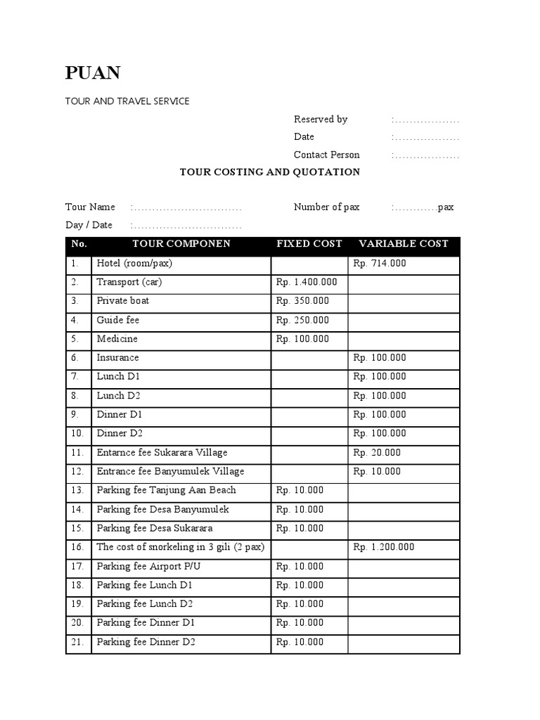 Tour Package Costing Breakdown | PDF | Economies | Marketing