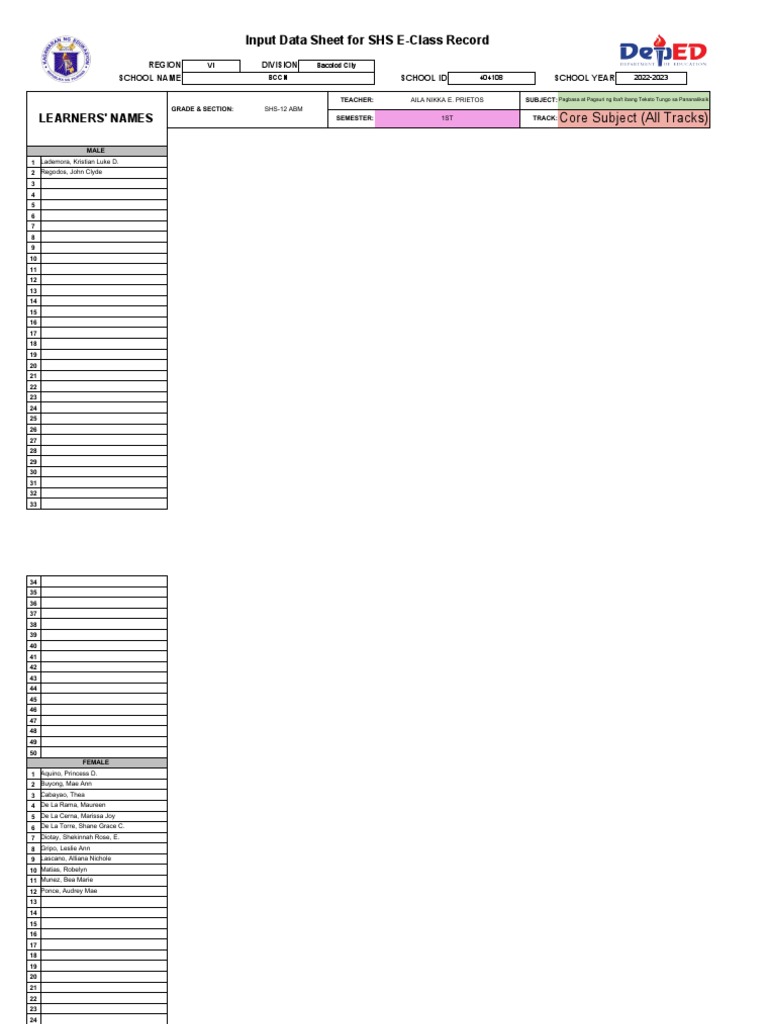 Shs e class record for pagbasa at pagsuri ng iba t ibang teksto tungo