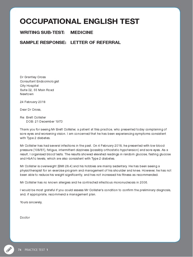 Oet medicine official oet practice book 1 cambridge test writing sample