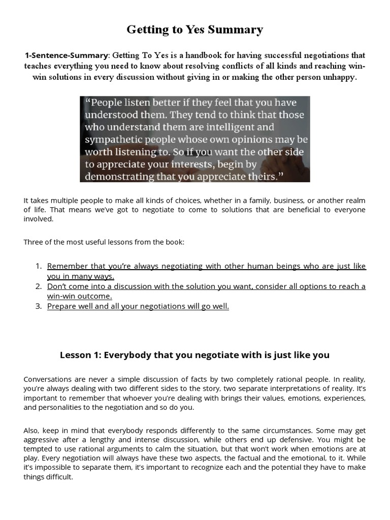 Key Lessons from Getting to Yes | PDF | Negotiation | Behavioural Sciences