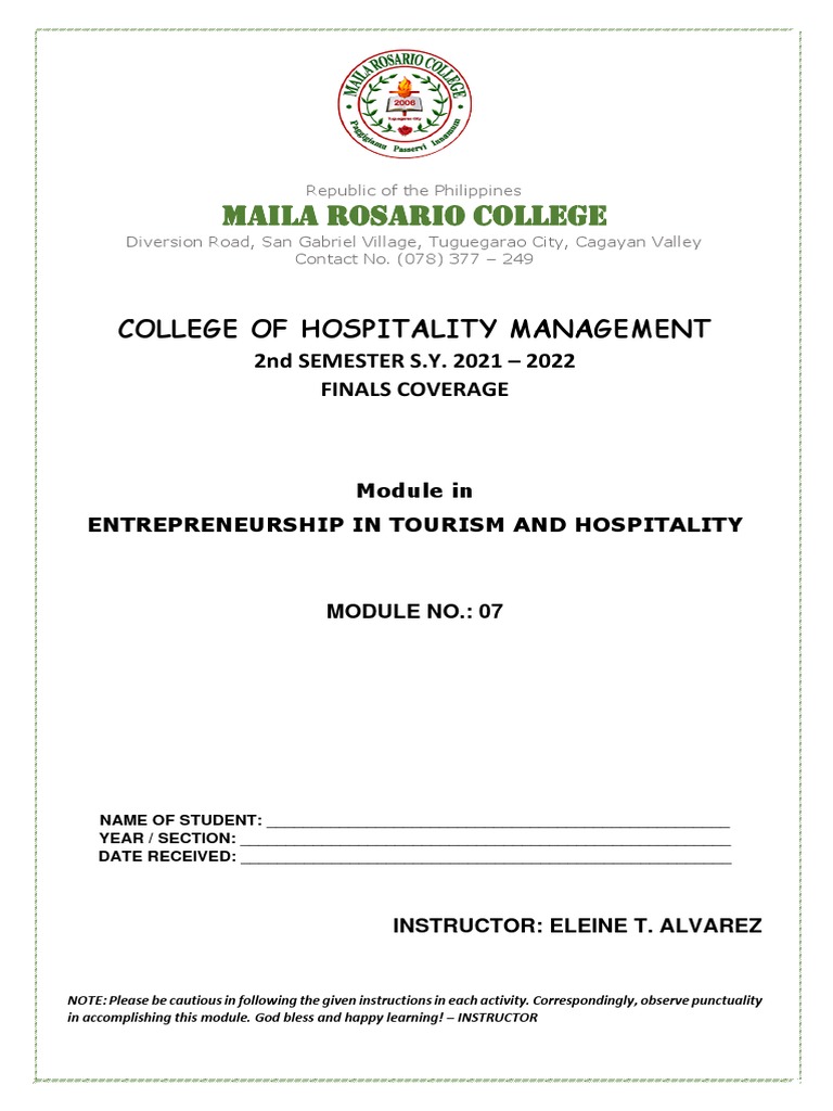 Entrepreneurship in Tourism and Hospitality Module 7 | Download Free ...