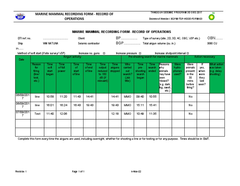 BGPMTSPHSSEFORM03 Marine Mammals Recording Form Record of
