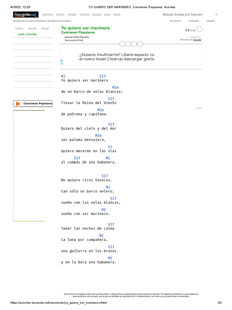 YO QUIERO SER MARINERO, Canciones Populares - Acordes | PDF
