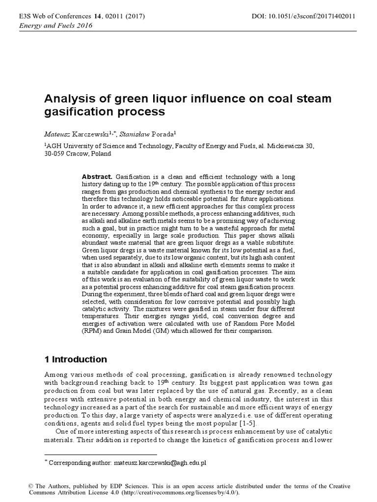 Analysis of Green Liquor Influence On Coal Steam G PDF Gasification