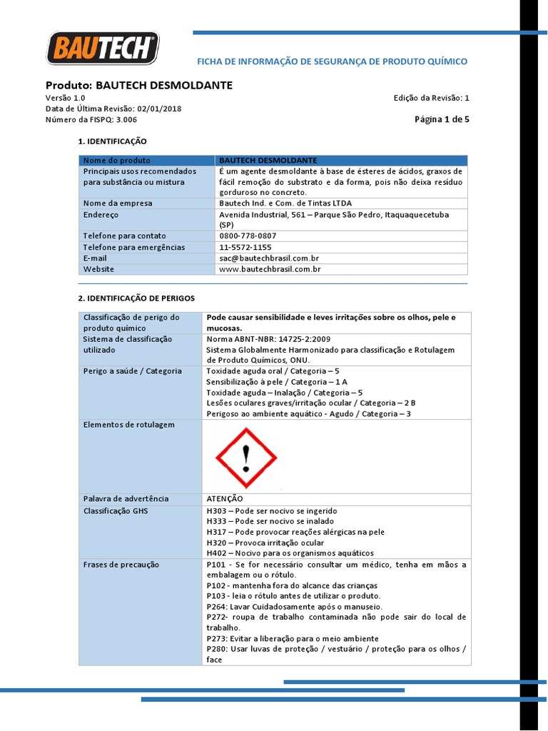 FISPQ Bautech Desmoldante 1.0 | PDF | Solubilidade | Embalagem e rotulagem