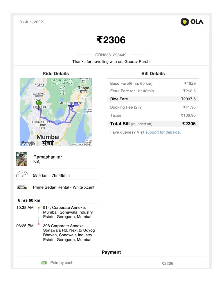Detailed ride receipt showing fare breakdown, taxes, and payment for cab ride service PDF