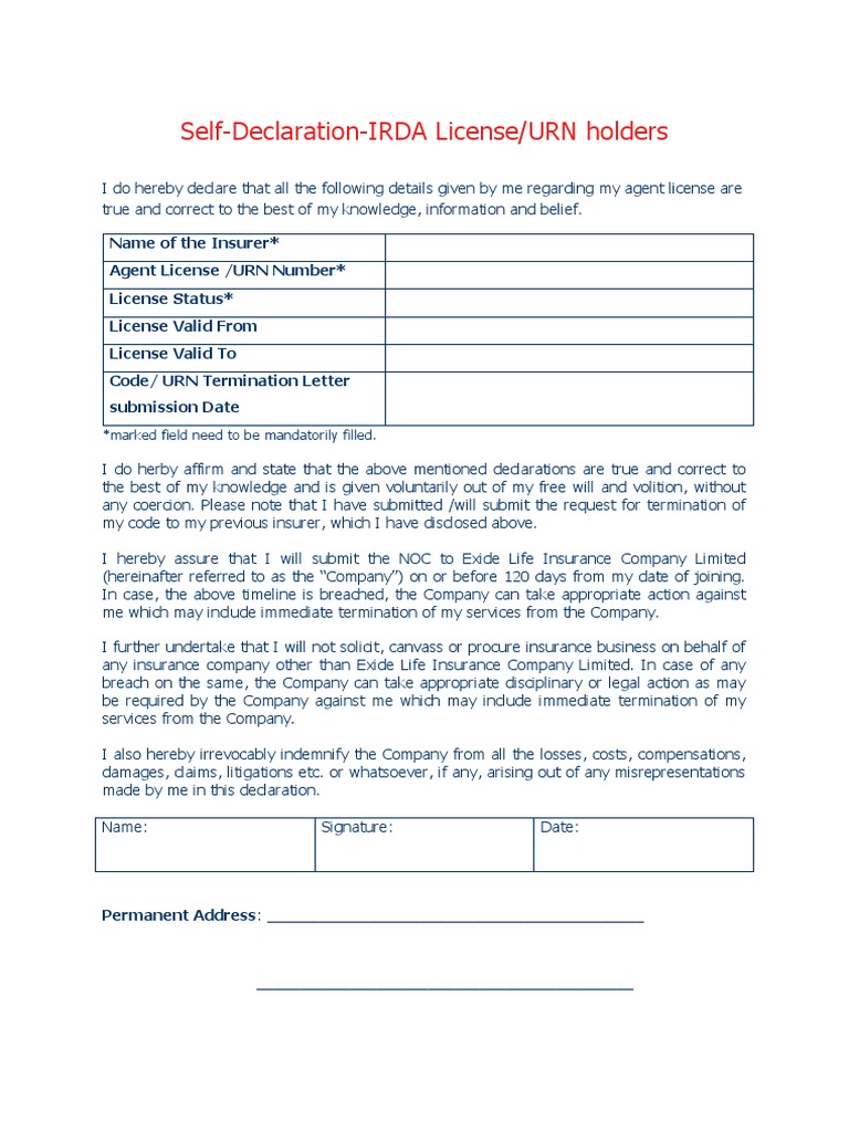 SelfDeclaration IRDA License URN Holders PDF