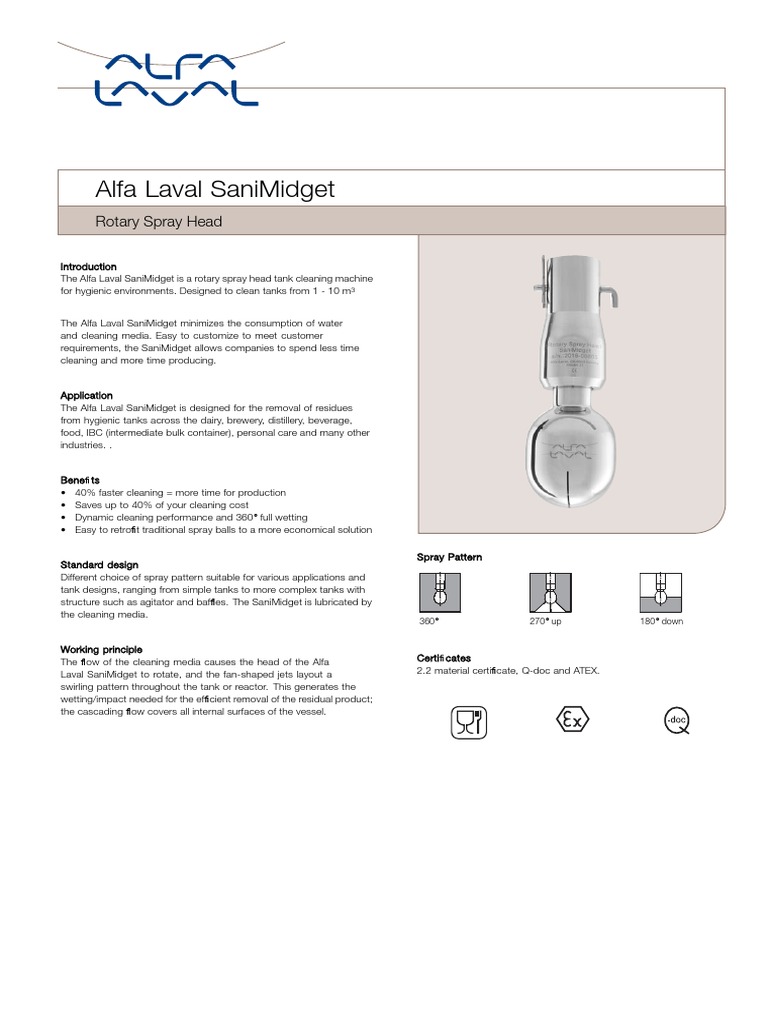 Alfa Laval TJ Sanimidget Rotary Spray Head Product Leaflet Ese00335