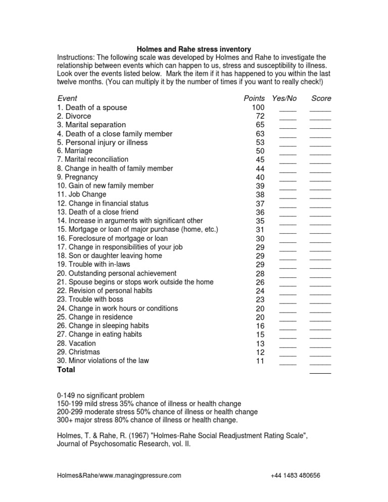 6 Holmes and Rahe Stress Inventory