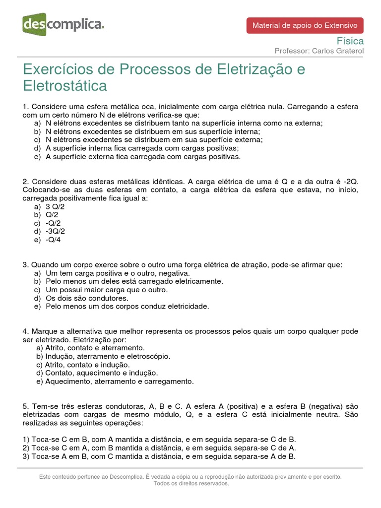 Materialdeapoioextensivo Fisica Exercicios Eletrostática | PDF | Carga ...