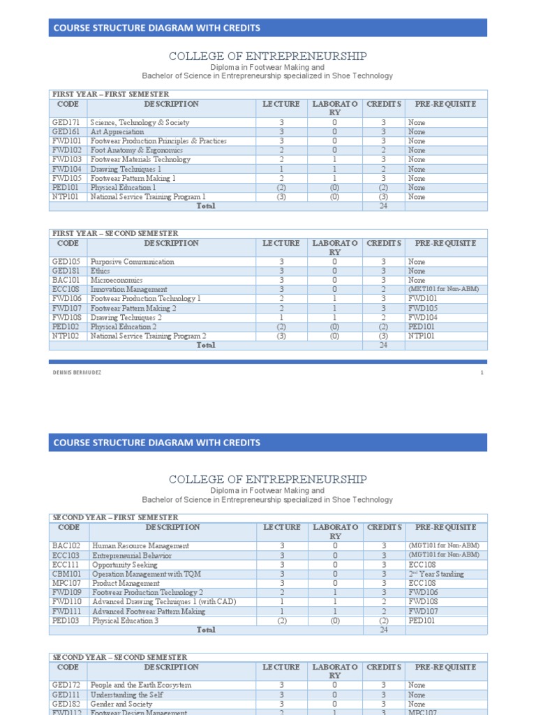 Shoe TechCourse Structure Diagram With Credits PDF Business