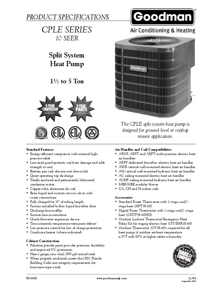 Goodman CPLE Series Spec Sheet PDF Thermostat Hvac