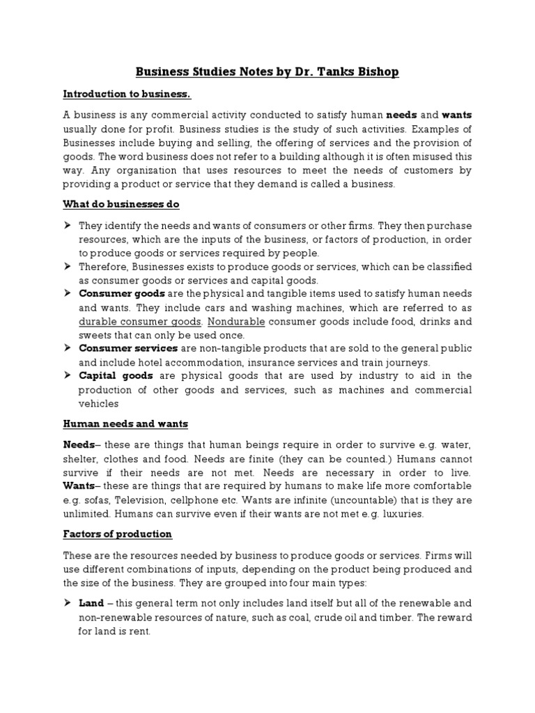 Business Studies Notes Introdution | PDF | Limited Company | Stocks
