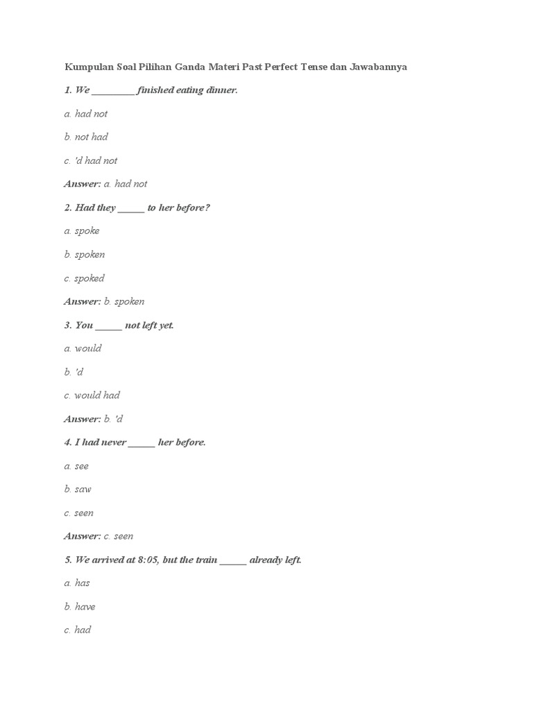 Kumpulan Soal Pilihan Ganda Materi Past Perfect Tense Pdf